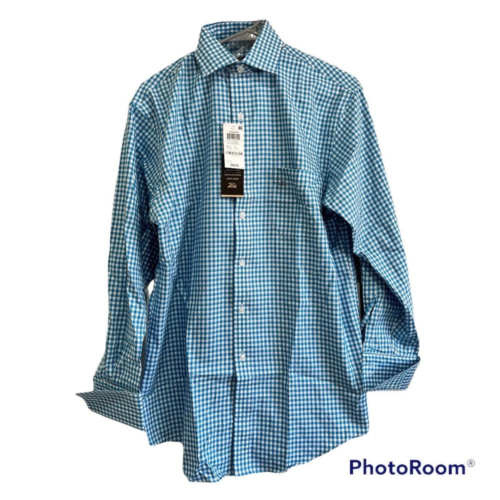 Tasso Ella Dress Shirt, Reg fit Blue Checker NWT Men Size M 15 1/2 32/33 BJ